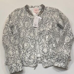 NWT Candies Silver Embroidered Floral Lace Zip Up Jacket. Size XS